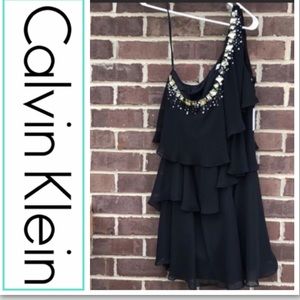 Calvin Klein layered one shoulder dress one shoulder Toga style flounce …